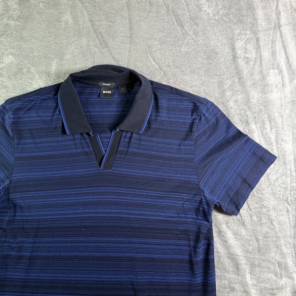 BOSS Mercerised Stripe Polo Shirt Blue Short Sleeve Men's
